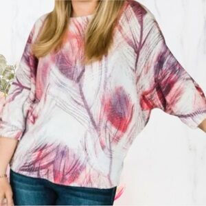 Luisa Ricci Feather Print Sweater Dolman Half Sleeve Made In Italy